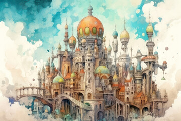 Fototapeta premium A fantastic watercolor illustration of a fairytale city floating among the clouds. 