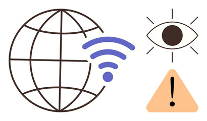 Globe with wireless icon for internet connectivity, eye symbol for surveillance, warning triangle for caution. Ideal for technology, communication, cybersecurity, global reach, data privacy, caution