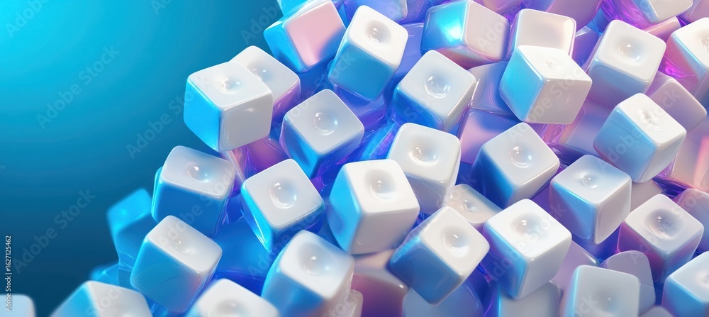 Poster cluster of glossy white and blue plastic cubes with rounded edges floating against a smooth blue bac