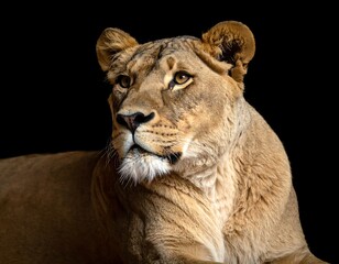 Naklejka premium Lioness portrait against black background