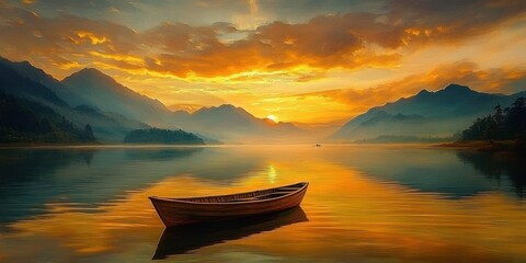 Calm wooden boat floating on still lake water during a dramatic golden sunset with silhouetted mountains and cloudy sky
