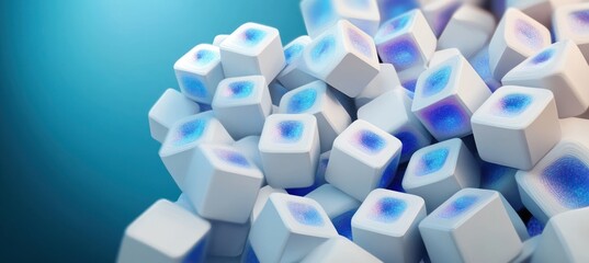 Close-up view of numerous white cubes with blue and purple gradient patterns on their tops, arranged densely against a smooth teal background