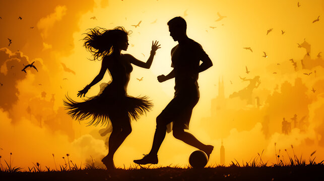 women samba dancer and soccer player man silhouette