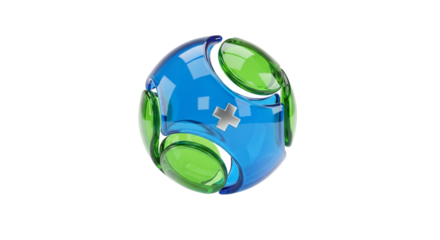 Translucent Blue and Green Spherical Design with Circular Accents on White Background a 3D Rendered Image of Futuristic Sphere