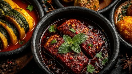 Spicy Aromatic Indian Cuisine: Close-up of Rich Red Curry,  Zucchini, and Other Dishes in Earthenware Bowls