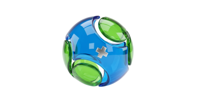 Translucent Blue and Green Spherical Design with Circular Accents on White Background a 3D Rendered Image of Futuristic Sphere