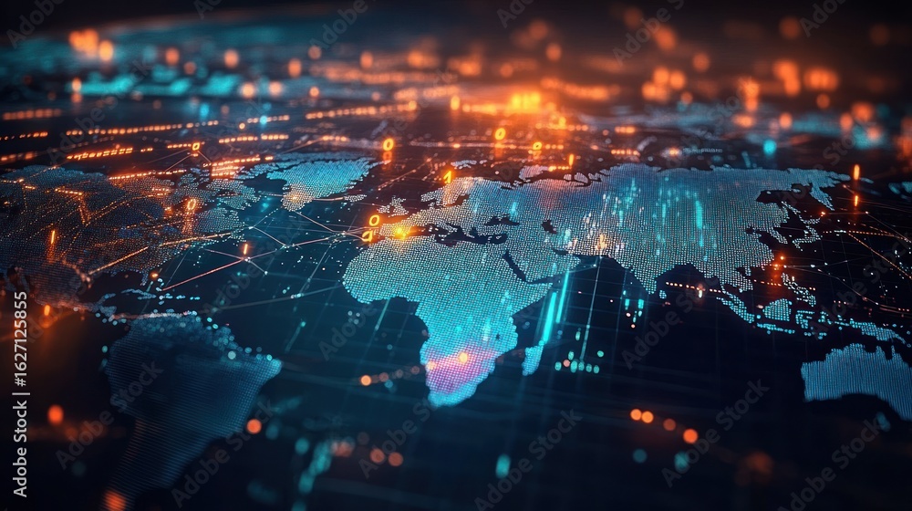 Poster futuristic digital world map with glowing data points, illuminated connections, and dynamic light ef