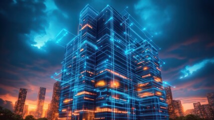 Futuristic cityscape featuring a glowing skyscraper outlined with bright blue neon digital grids against a dramatic sunset sky with surrounding tall buildings and clouds