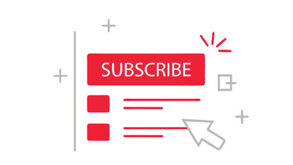 Illustration of a subscribe button with a cursor and plus signs on a white background design element