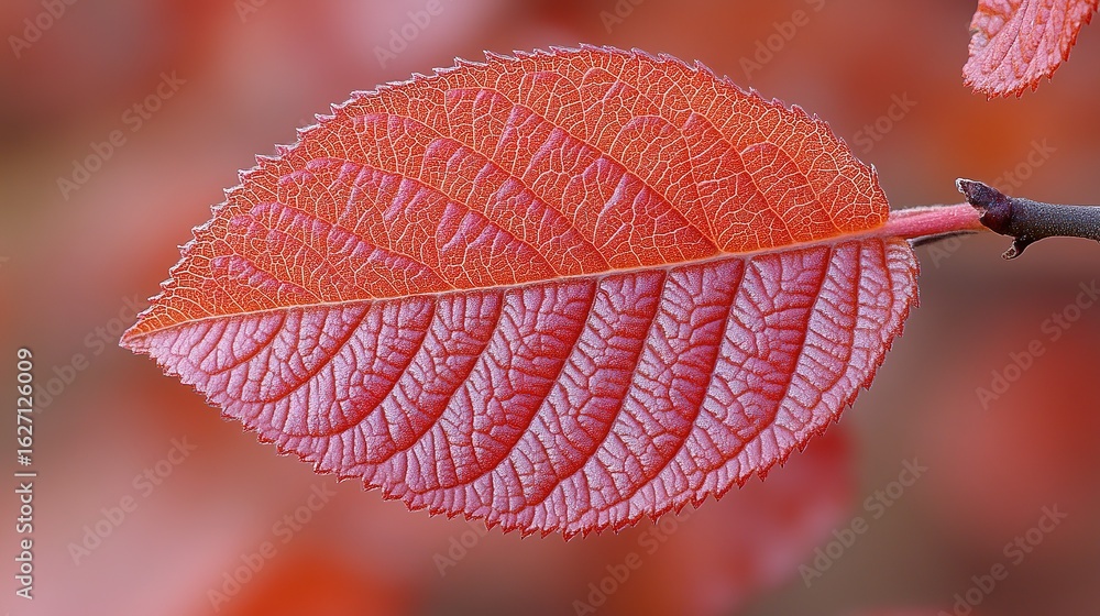 Poster vibrant red autumn leaf macro revealing intricate vein patterns and textured surface