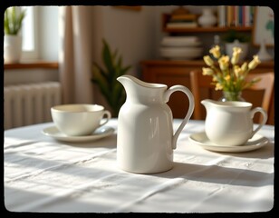 a cozy setting with a vintage style creamer pitcher at the center of a table set for two people