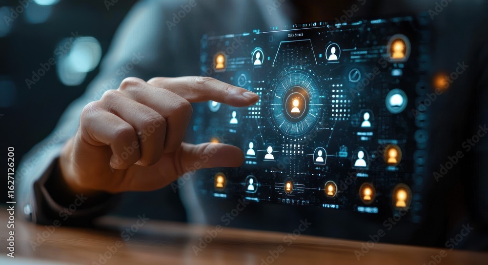 Poster close-up of a hand interacting with a futuristic digital interface displaying interconnected user ic