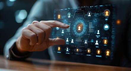 Close-up of a hand interacting with a futuristic digital interface displaying interconnected user icons in a dark technological environment conveying focus and innovation