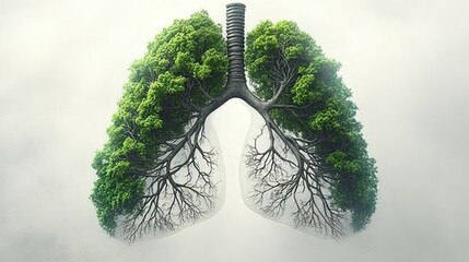 Artistic representation of human lungs with green leafy trees forming the lung shape symbolizing the connection between nature and breathing