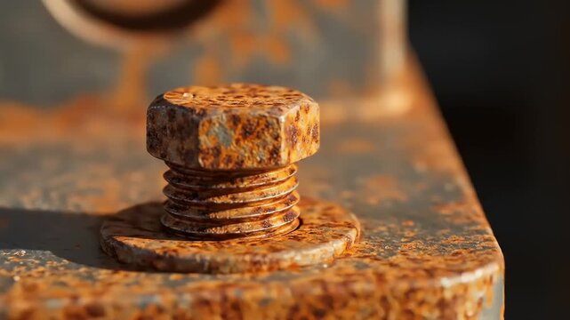 Close-up of a rusty bolt and nut on a weathered metal surface in an industrial setting