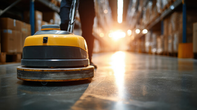 Industrial floor cleaning machine in warehouse with sunlight - Powered by Adobe