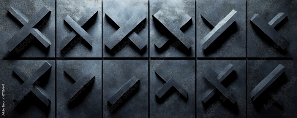 Aufkleber rows of black three-dimensional abstract shapes arranged in a grid on a textured dark background, cr