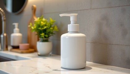 a white pump soap bottle prominently displayed on a bathroom counter