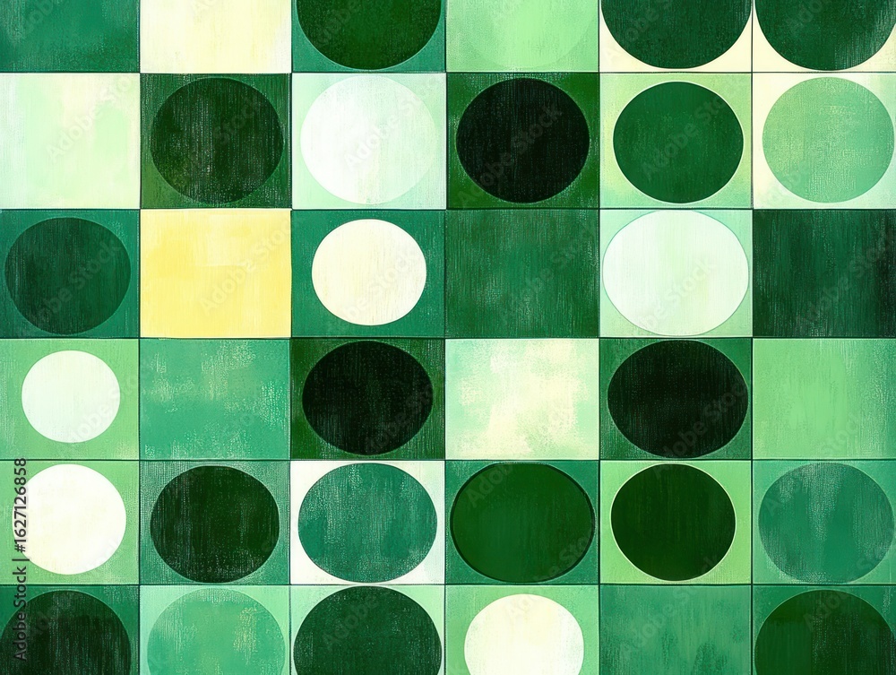 Poster abstract geometric pattern featuring alternating circles and squares in various shades of green and 