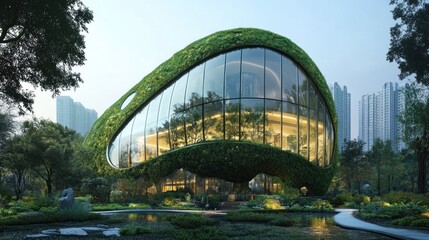 Fototapeta premium a futuristic eco-friendly building blending seamlessly with nature, showcasing innovative architecture and lush greenery in a serene urban landscape promoting sustainability and organic design