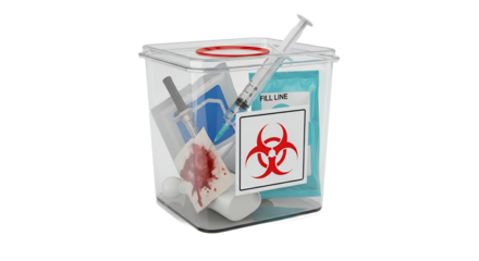 Transparent Sharps Container with Medical Waste and Discarded Syringes Illustration on Bright White Background
