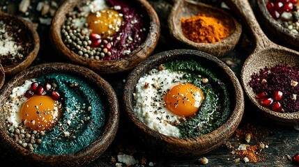 Earthy Gourmet Display: Vibrant Dips with Raw Egg Yolks in Rustic Wooden Bowls