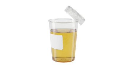 Transparent Urine Sample Cup with Golden Fluid Open Lid and White Label on Clean White Background for Medical Diagnostic Analysis and Healthcare