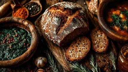 Rustic Sourdough Bread with Savory Dips and Spices on Wooden Board