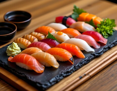 a culinary display of a variety of sushi pieces arranged neatly on a wooden tray, suggesting a selection of both fish based and vegetarian o