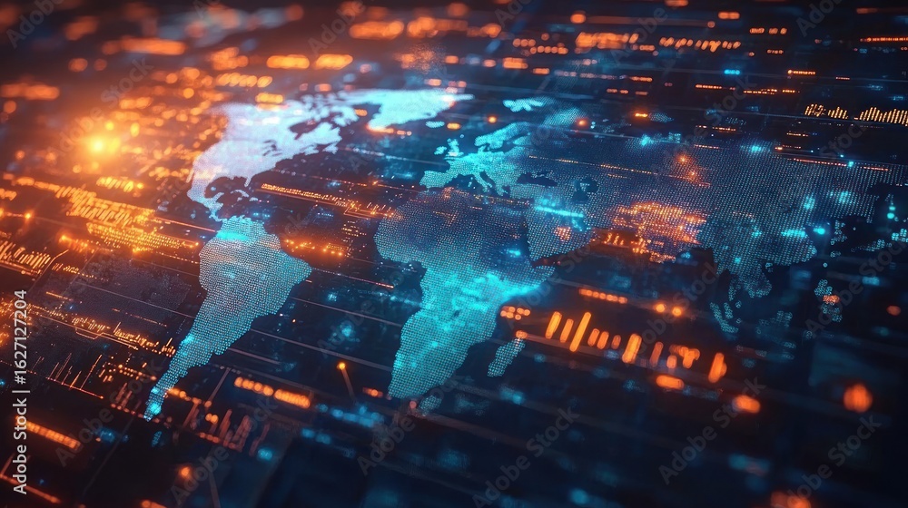 Poster futuristic digital world map with glowing orange and blue data points and graphs representing global