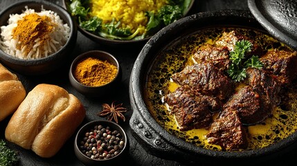 Hearty Meat Curry Feast in a Rustic Black Pot with Aromatic Spices and Sides