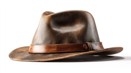 Brown leather fedora hat with band, providing a classic and stylish vintage look