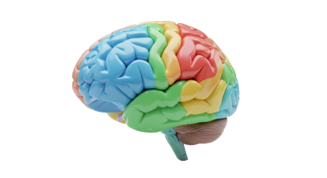 Vibrant Multi Colored Anatomical Brain Model on Transparent Background Featuring Realistic 3D Render with Lobes Colored in Blue Green Yellow Orange and Red