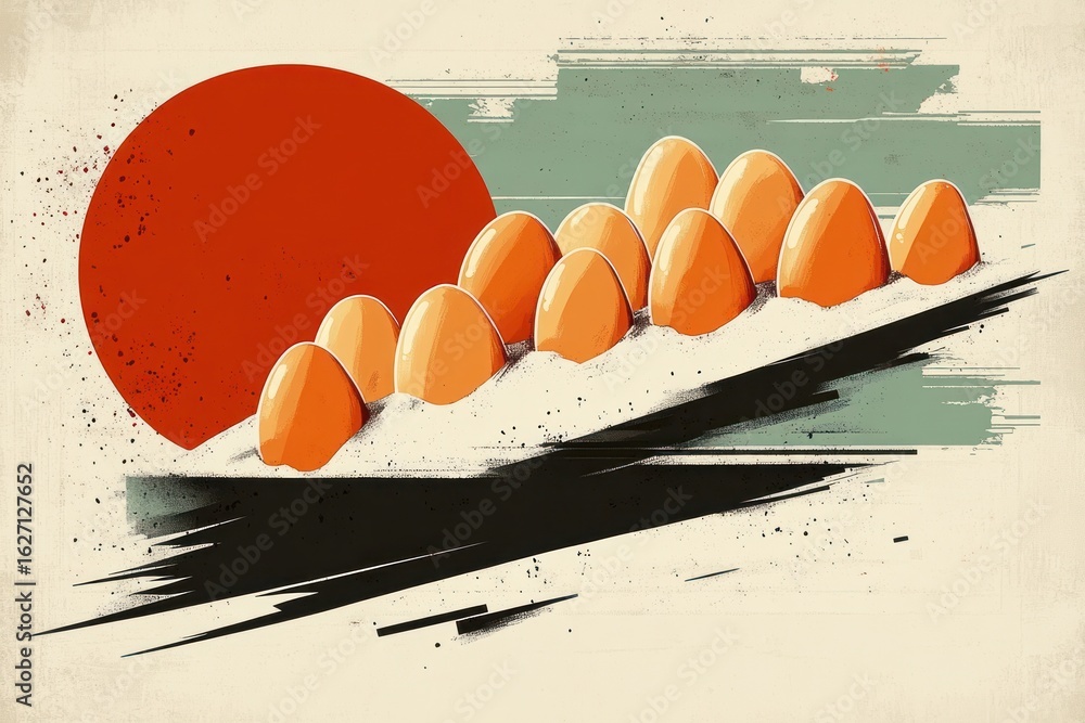 Poster illustration of orange eggs arranged on a textured surface with abstract brush strokes and a large r