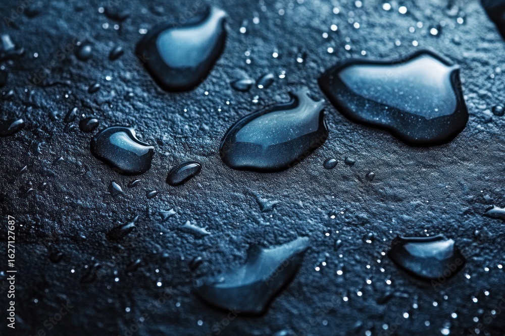 Poster close-up of water droplets on a dark textured surface with a cool, reflective appearance creating a 