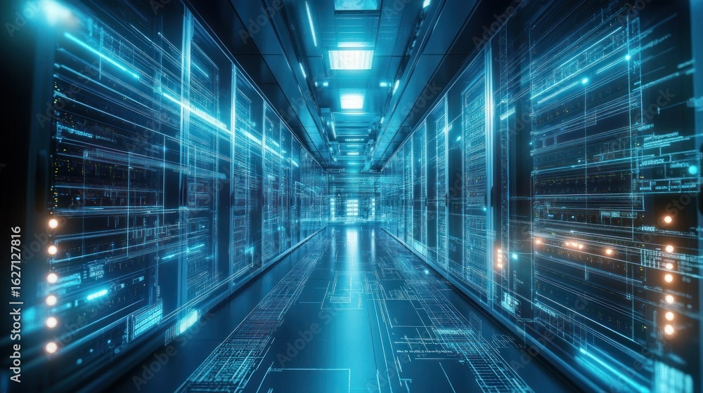Poster Futuristic digital data center corridor with glowing blue holographic server racks and circuit patterns creating a high-tech, immersive atmosphere