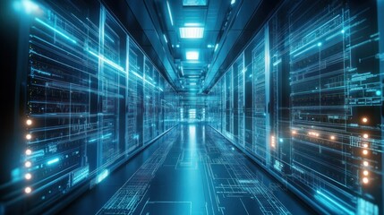 Obraz premium Futuristic digital data center corridor with glowing blue holographic server racks and circuit patterns creating a high-tech, immersive atmosphere