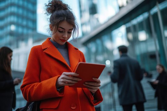 Young woman in bright orange coat using a digital tablet in an urban business district with blurred people and modern glass buildings in the background