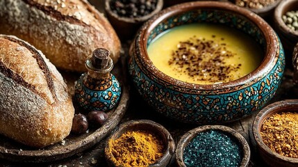 Rich Golden Soup in Ornate Teal Bowl, Rustic Bread, and Aromatic Spices on a Dark Wooden Surface
