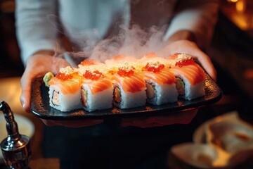 Person holding a plate of steaming fresh sushi rolls topped with salmon, fish roe, and garnishes in a dimly lit setting