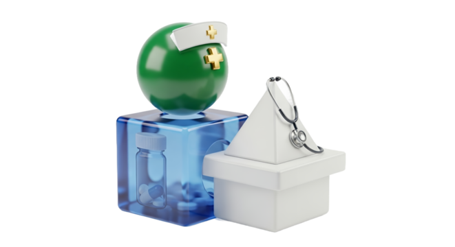 Whimsical 3D Render of Green Egg with Nurse Hat Stethoscope and Colorful Pills on Transparent Background Concept of Healthcare and Medicine in Playful Creative Still Life