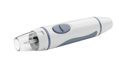 White and Blue Lancet Device on Transparent Background for Medical Use with Emphasis on Cleanliness and Simple Design