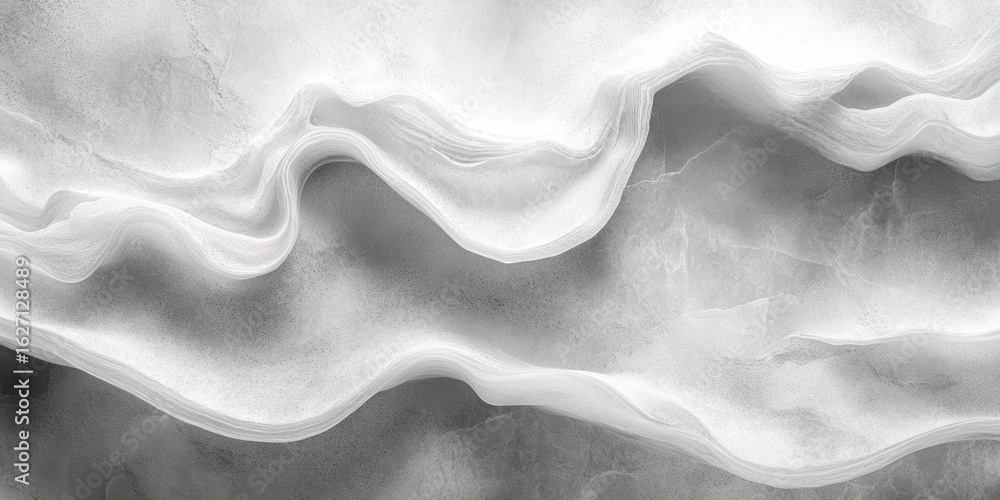 Poster close-up of abstract white and gray layered waves resembling fabric or mineral formations with soft 