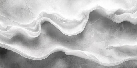 Close-up of abstract white and gray layered waves resembling fabric or mineral formations with soft shadows and smooth textures