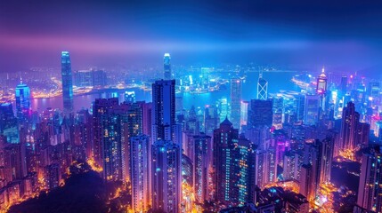Fototapeta premium an aerial view captures the vibrant energy of a city at night showcasing towering skyscrapers illuminated with bright neon lights and the vast ocean creating a breathtaking scene
