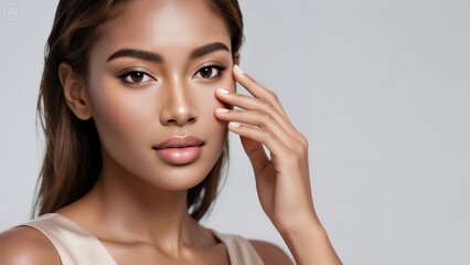 Woman with natural makeup touching her face, clean beauty concept