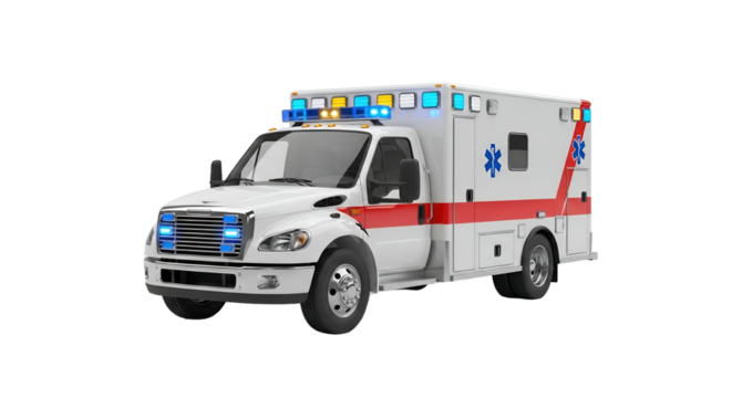 White and Red Ambulance with Flashing Emergency Lights on Transparent Background for Medical Transportation and Emergency Rescue Services