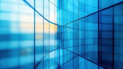 Abstract architectural view of reflective blue glass building panels creating symmetrical patterns with soft light and blurred background