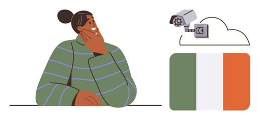 Person in green sweater ponders data privacy as a security camera points to a cloud. Irish flag symbolizes regional context. Ideal for technology, GDPR, surveillance, legal, privacy rights, data