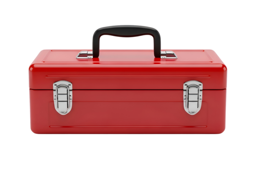 Red metal toolbox on black background.